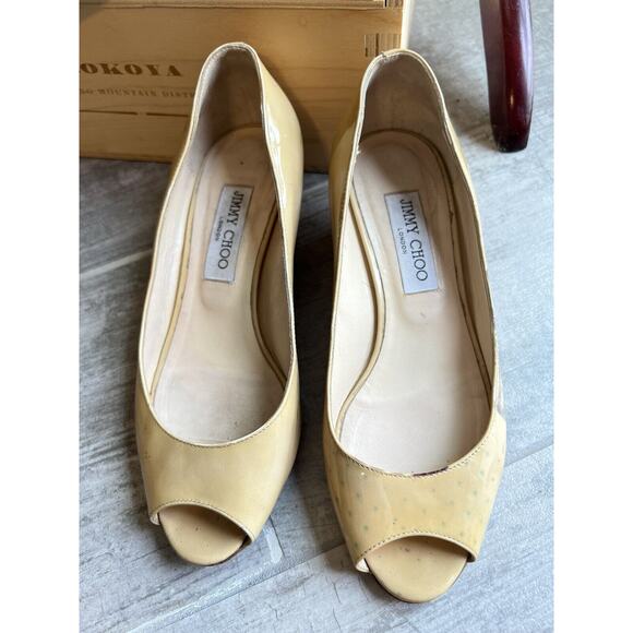 $675 JIMMY CHOO Patent Leather Nude Wedge Pump Peep Toe Designer Classic READ 8 - Picture 11 of 12